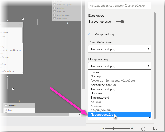 Screenshot of Power BI desktop in Modeling view, highlighting Custom in the Format dropdown menu.