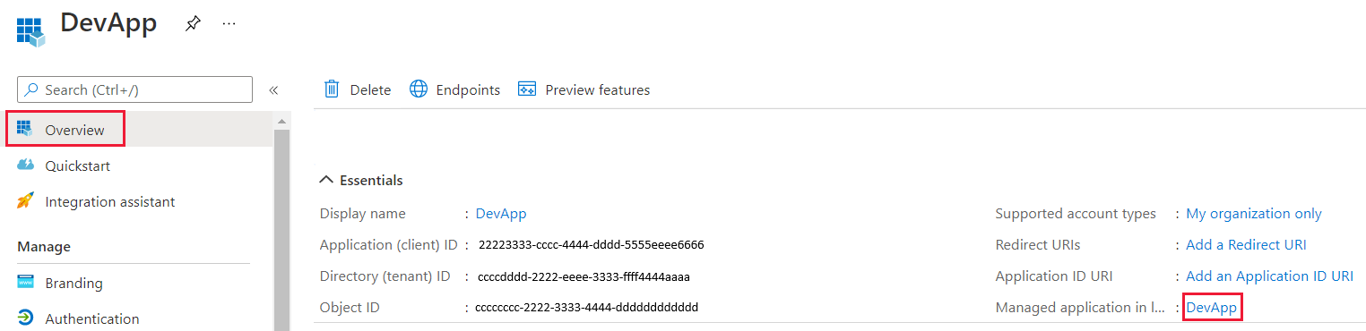 Στιγμιότυπο οθόνης του παραθύρου πύλης Azure, το οποίο εμφανίζει την επιλογή Διαχειριζόμενη εφαρμογή στον τοπικό κατάλογο στο επίπεδο Επισκόπηση μιας εφαρμογής Microsoft Entra.