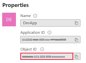 Στιγμιότυπο οθόνης του παραθύρου πύλης Azure, το οποίο εμφανίζει το αναγνωριστικό αντικειμένου κύριας στήλης στην ενότητα ιδιοτήτων στο επίπεδο Επισκόπηση μιας εφαρμογής Microsoft Entra.