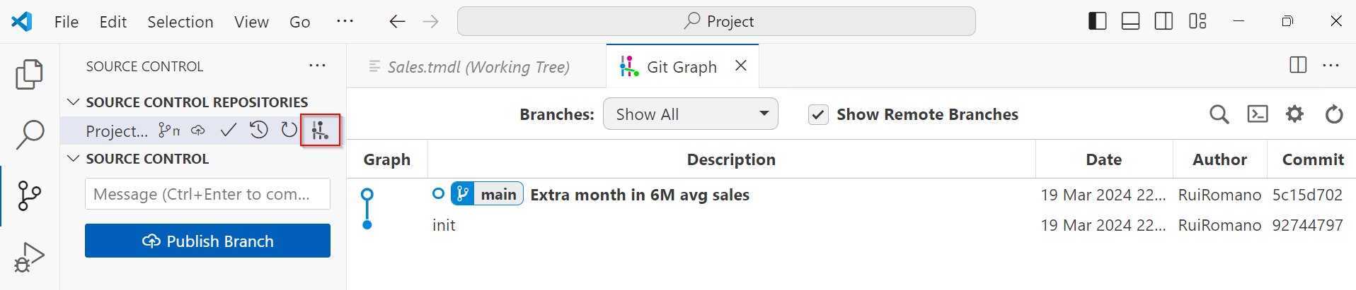 Εικόνα που εμφανίζει το GitGraph σε κώδικα VS.