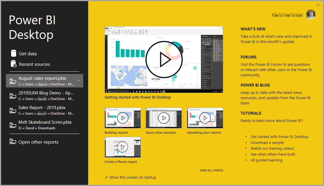 Screenshot of Power BI Desktop installation showing the welcome screen.