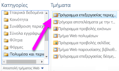 Στιγμιότυπο οθόνης που δείχνει πώς μπορείτε να επιλέξετε Τμήμα Web προγράμματος επεξεργασίας περιεχομένου.