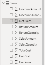 Στιγμιότυπο οθόνης της μέτρησης Net Sales στη λίστα πεδίων του πίνακα Πωλήσεις.