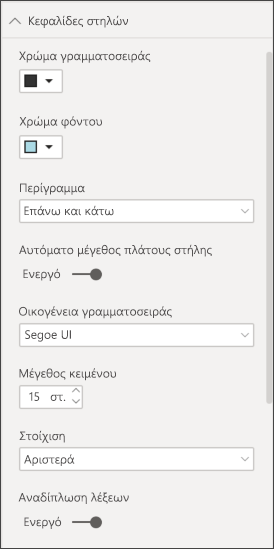 Στιγμιότυπο οθόνης των επιλογών κεφαλίδας στήλης πίνακα στην ενότητα Μορφοποίηση του τμήματος παραθύρου Απεικονίσεις.