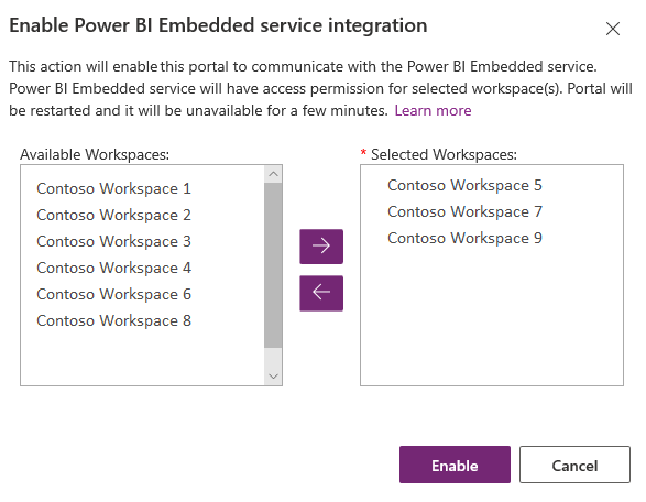 Επιλογή χώρων εργασίας Power BI.