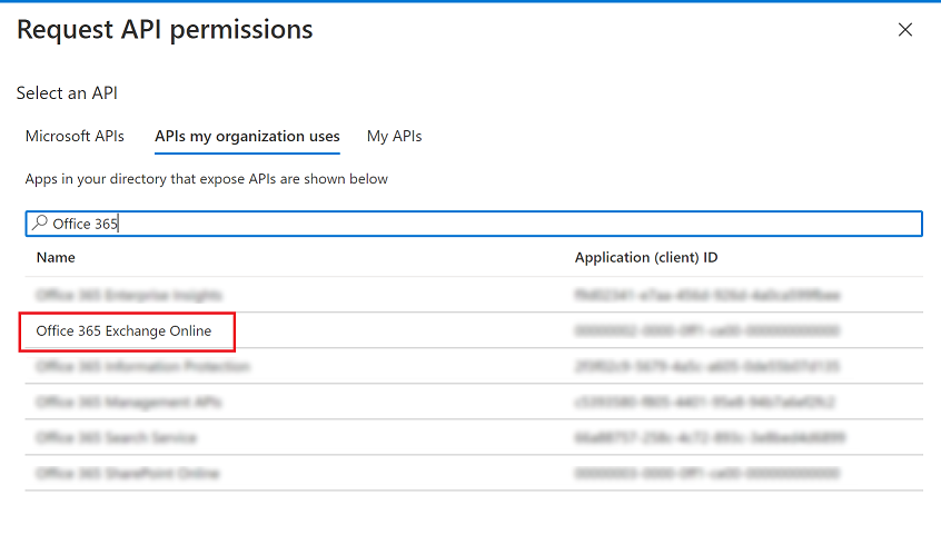 Στιγμιότυπο οθόνης της διεύθυνσης API του Exchange Online του Office 365.