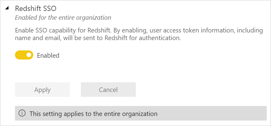 Στιγμιότυπο οθόνης της επιλογής Redshift SSO με ενεργοποιημένο το κουμπί Ενεργοποιημένο.