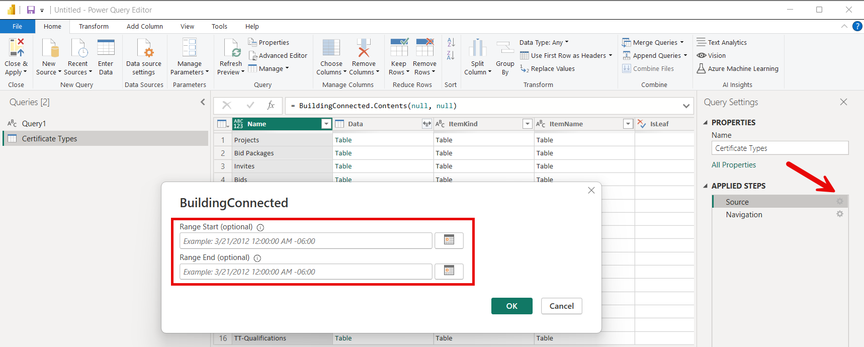 Στιγμιότυπο οθόνης που εμφανίζει τις παραμέτρους ερωτήματος έναρξης και περιοχής λήξης περιοχής προαιρετικά.