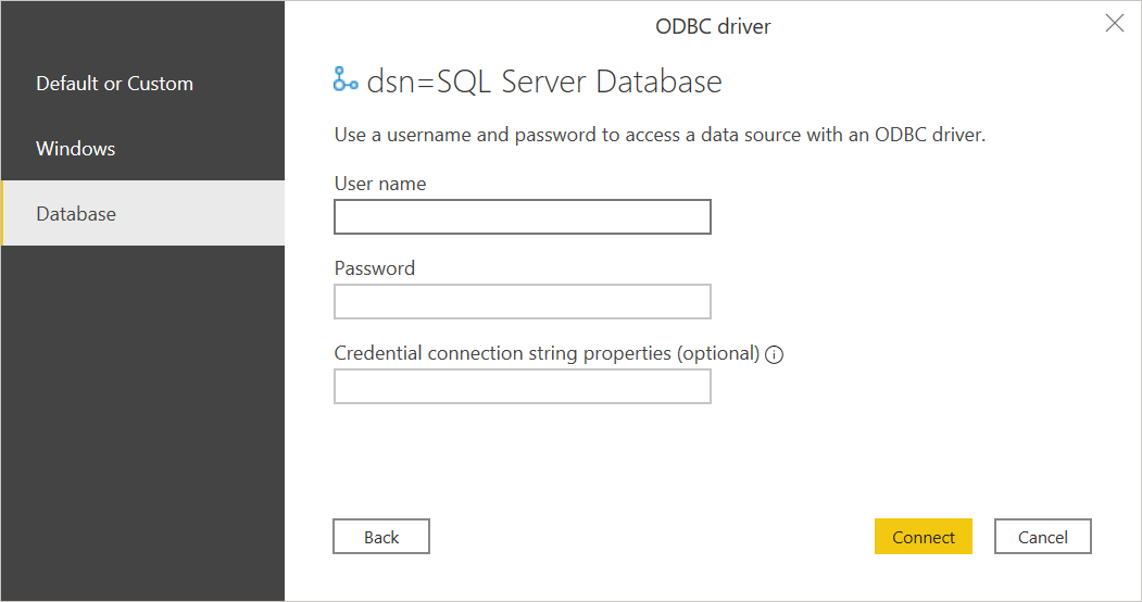 Έλεγχος ταυτότητας ODBC στο Power Query Desktop.