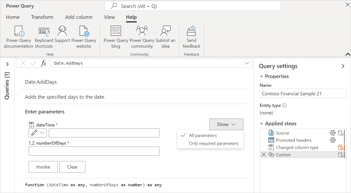 Screenshot of the Date.AddDays M function description and syntax, along with entry points for each of the function's parameters.