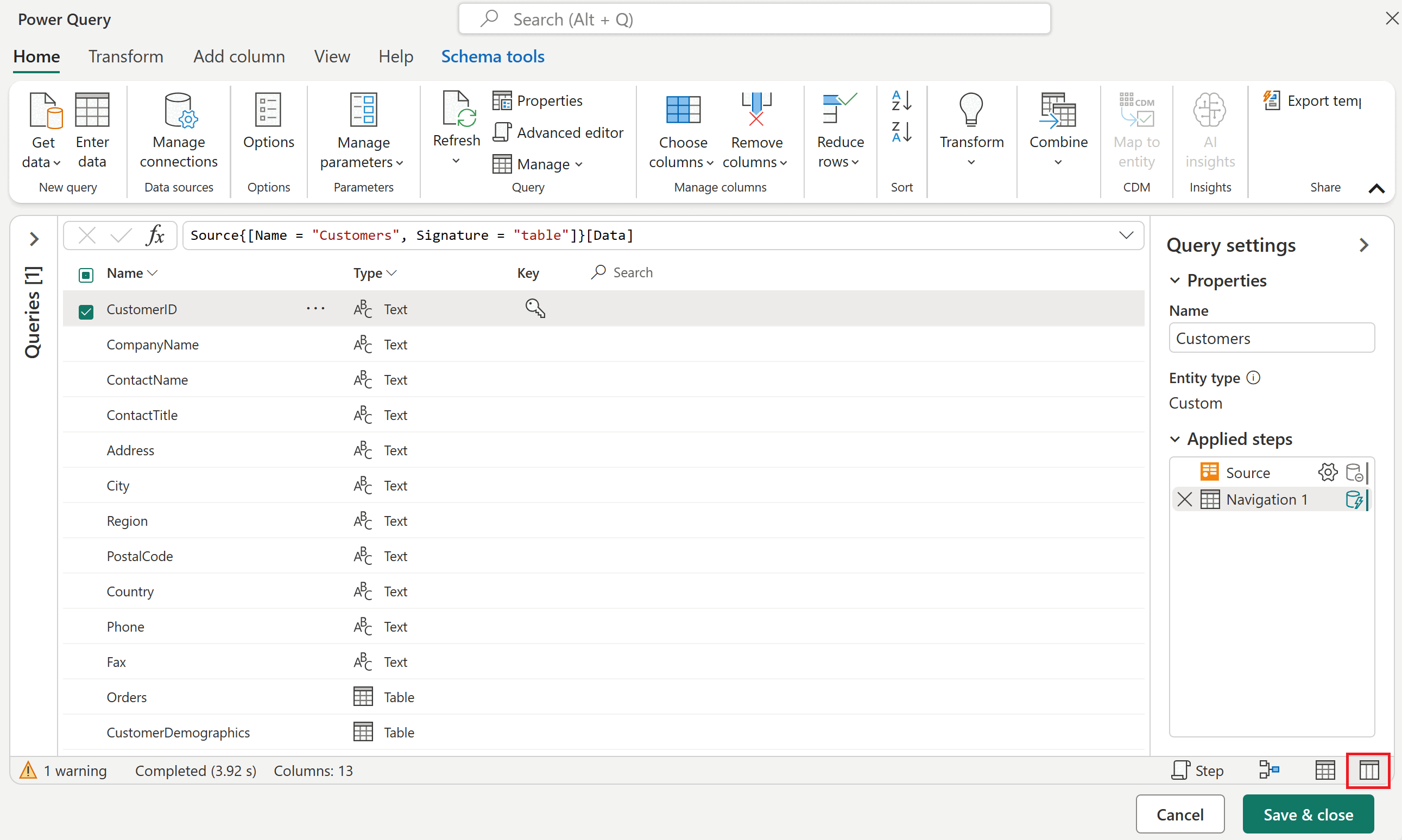 Screenshot of the Power Query user interface with the queries pane collapsed and the current view switched to schema view and the schema view icon emphasized.