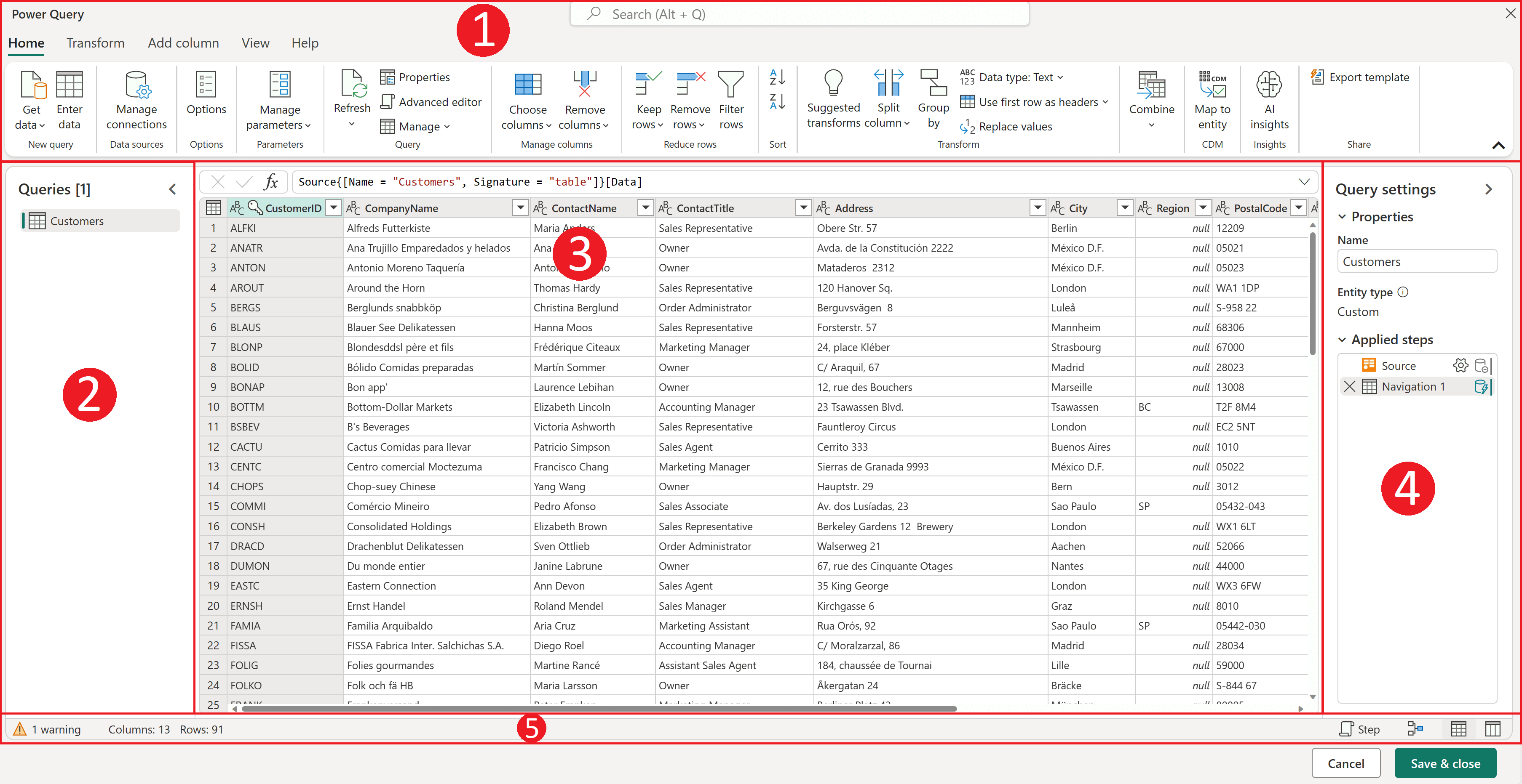 Screenshot of the Power Query user interface with each component outlined and numbered.