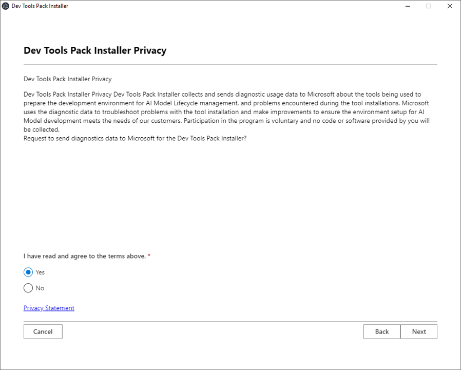 Privacy statement agreement screen in the installer.