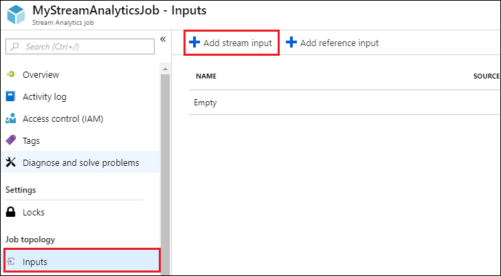 Add an input to your job Screenshot of the Stream Analytics Job blade with the Inputs option and the Add stream input option called out.