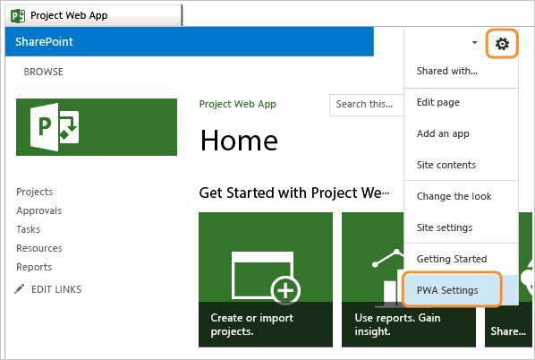 ALM_TFSPS_PWA_PWASettings PWA page, select PWA settings