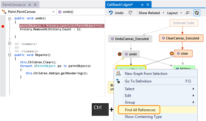 DebuggerMap_FindAllReferences See methods that use a field: call stack code map