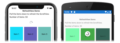 Screenshot of a RefreshView refreshing data, on iOS and Android