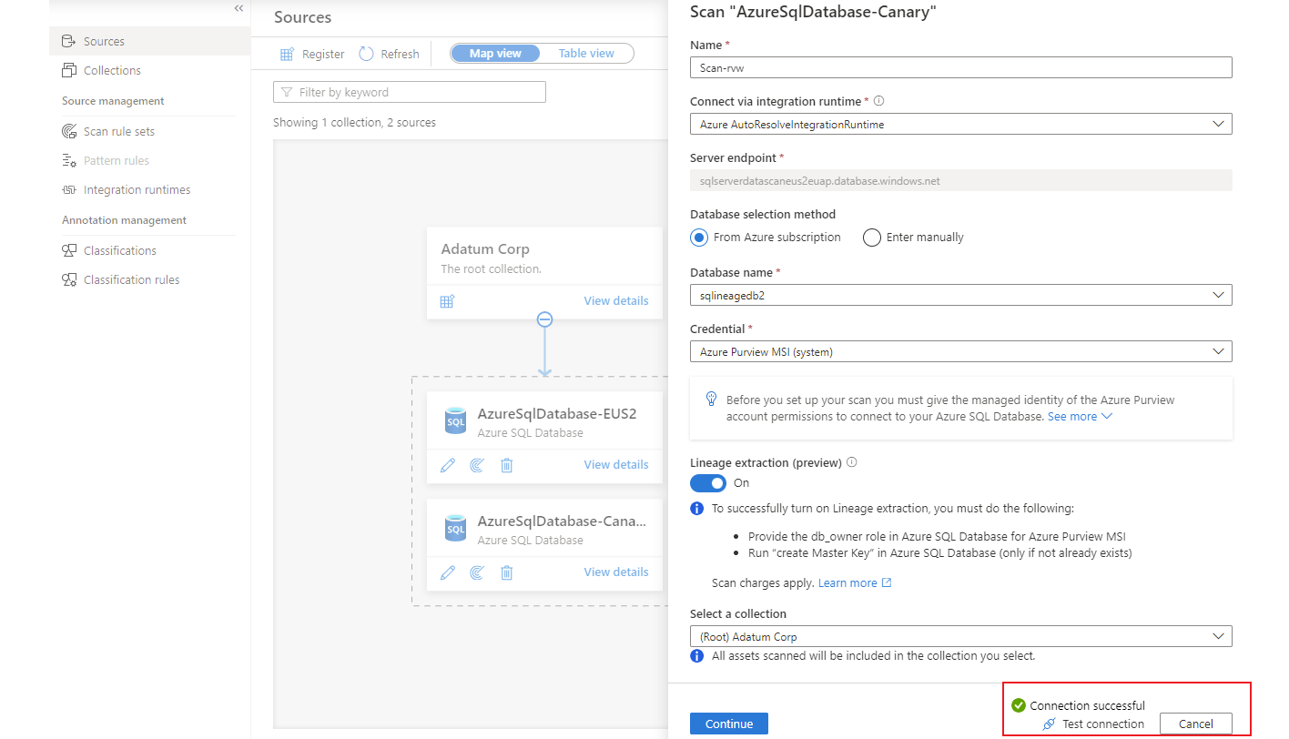 Screenshot that shows the message for a successful connection for the managed identity option to run a scan.