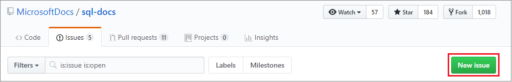 Screenshot of New Git Issue in SQL Documentation.
