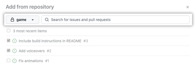Screenshot of bulk adding issues and pull requests from a repository, with the option to search for specific issues or pull requests highlighted.