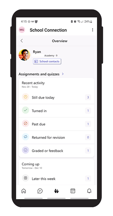Screenshot of a learner's assignments and quizzes in the School Connection app for guardians.