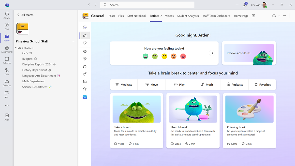 Screenshot of the Reflect dashboard in a staff team in Microsoft Teams for Education.