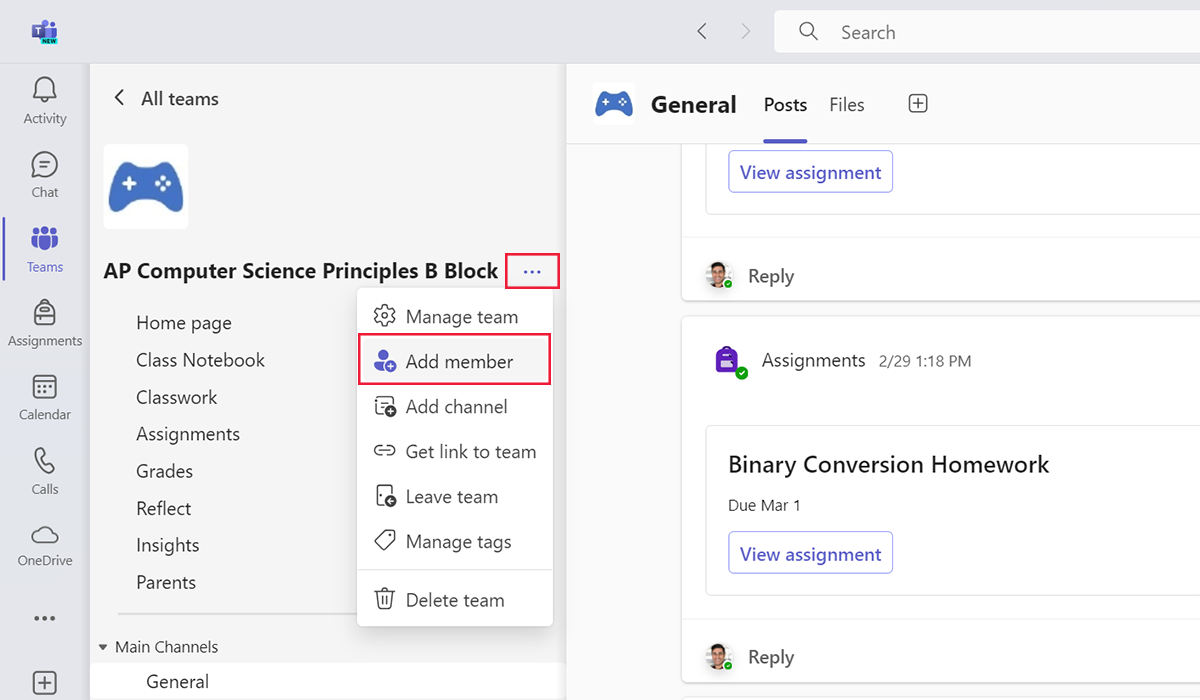 Screenshot of the area to add a new member to a team in Microsoft Teams.