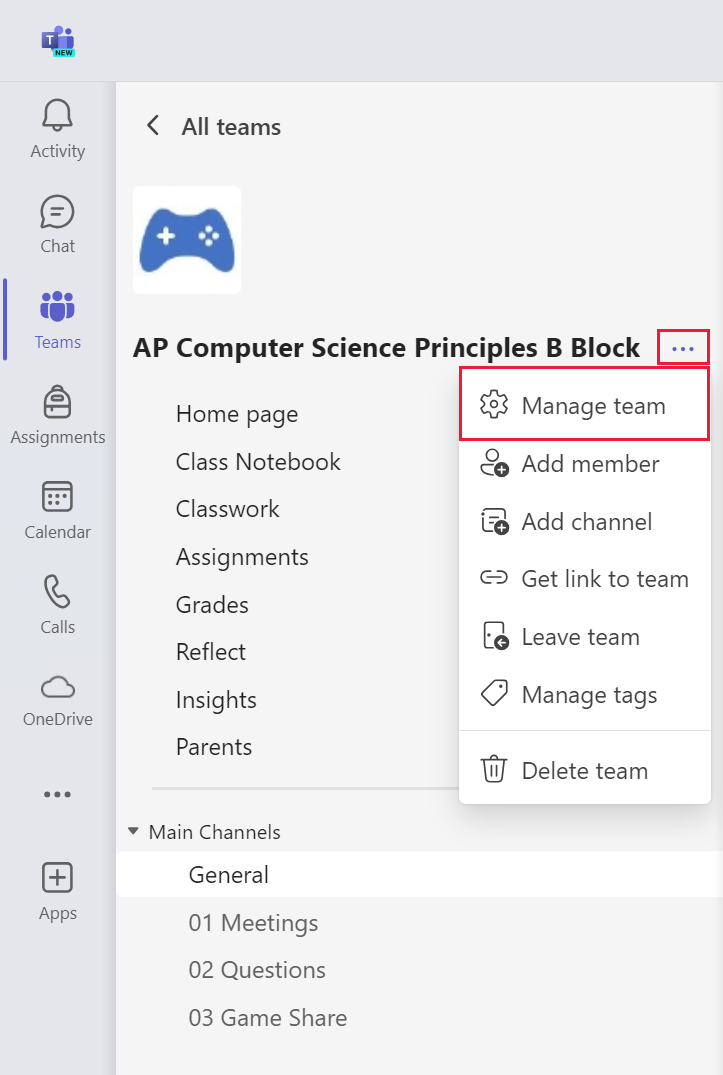 Screenshot of the more options menu and link to manage team settings in Microsoft Teams.