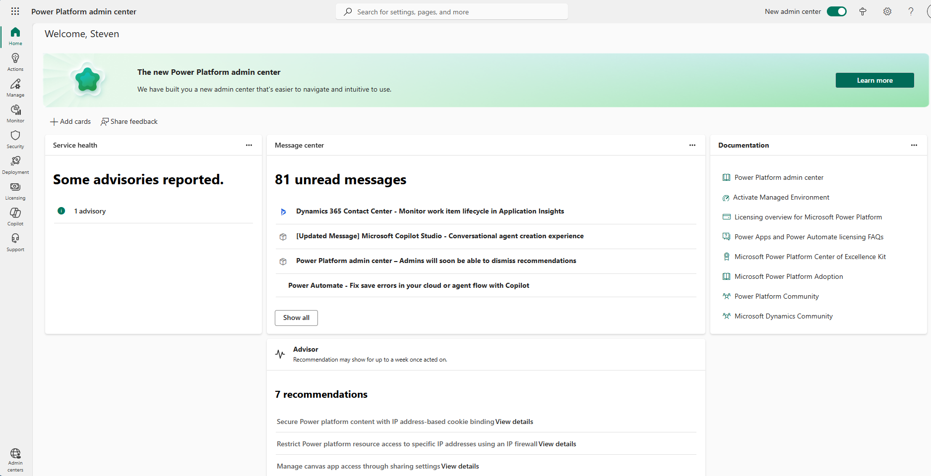 Screenshot showing the opening page of the Power Platform admin center.