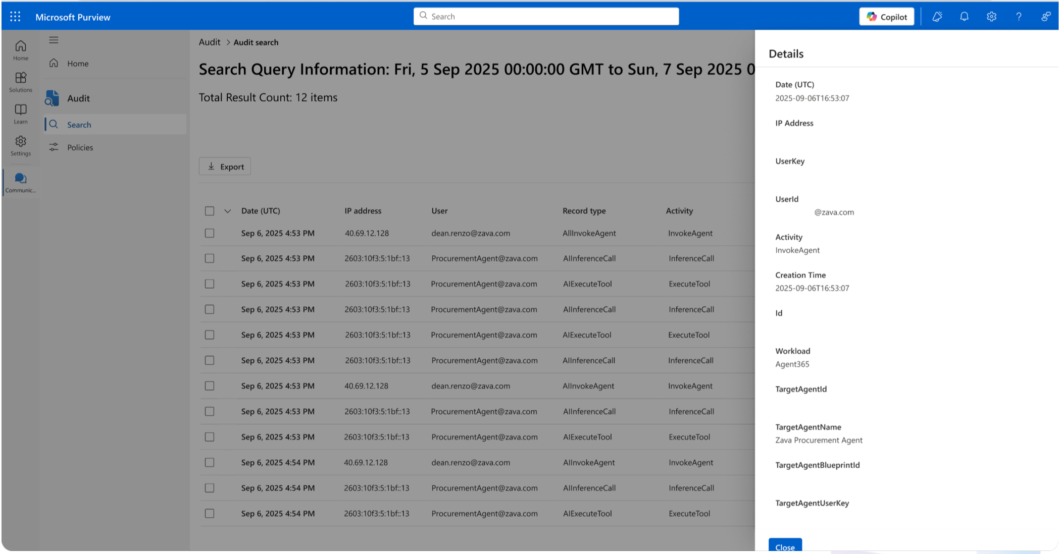 Screenshot showing audit logs for agent actions and interactions.