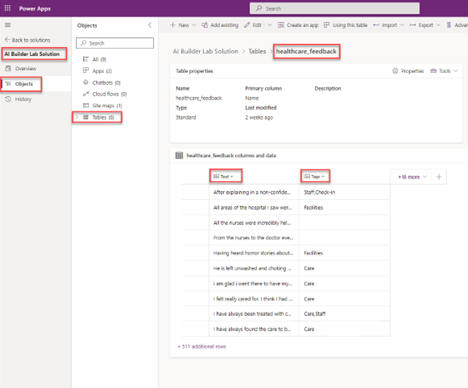 Screenshot of the healthcare feedback table in Microsoft Power Apps Studio with highlights on the text and tags columns.