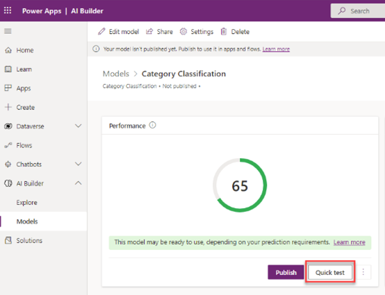 Screenshot of the Category Classification model in Power Apps Studio with performance indicator and a highlight on Quick test.