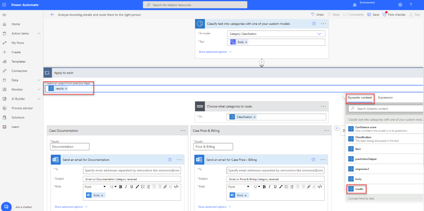 Screenshot of the selected flow in Power Automate Studio with a highlight on the Apply to each input and the pop-up window for the dynamic content selection where results is selected.