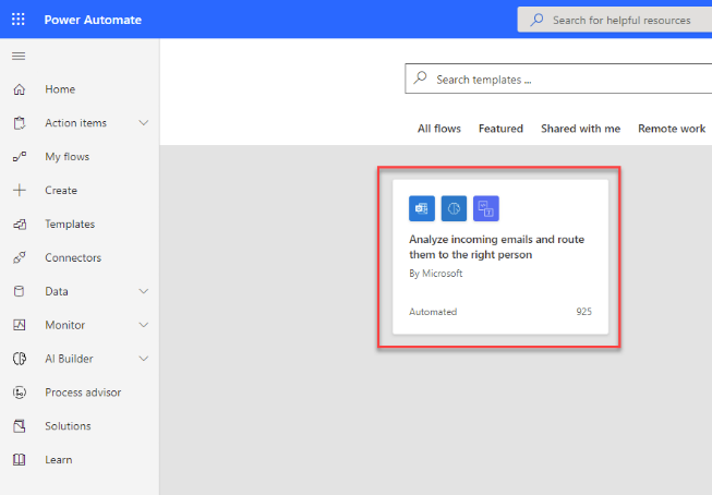 Screenshot of the templates available in Power Automate Studio, showing the Analyze incoming emails and route them to the right person tile highlighted.