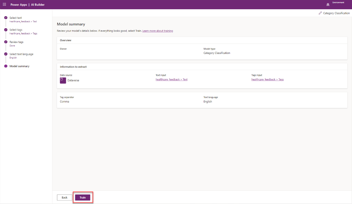Screenshot of the Category Classification model in Power Apps Studio with Model summary information and a highlight on Next.