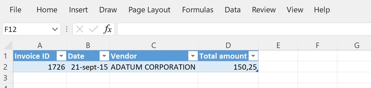Excel file with data filled in below the header row.