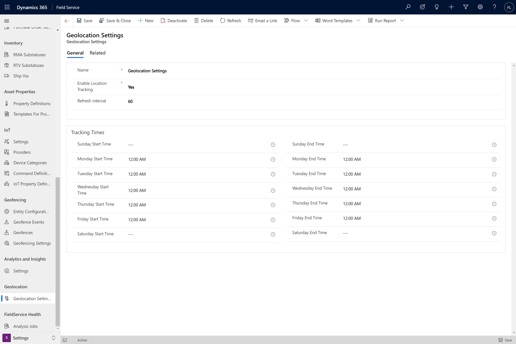 Screenshot of Dynamics 365 Field Service Geolocation Settings.