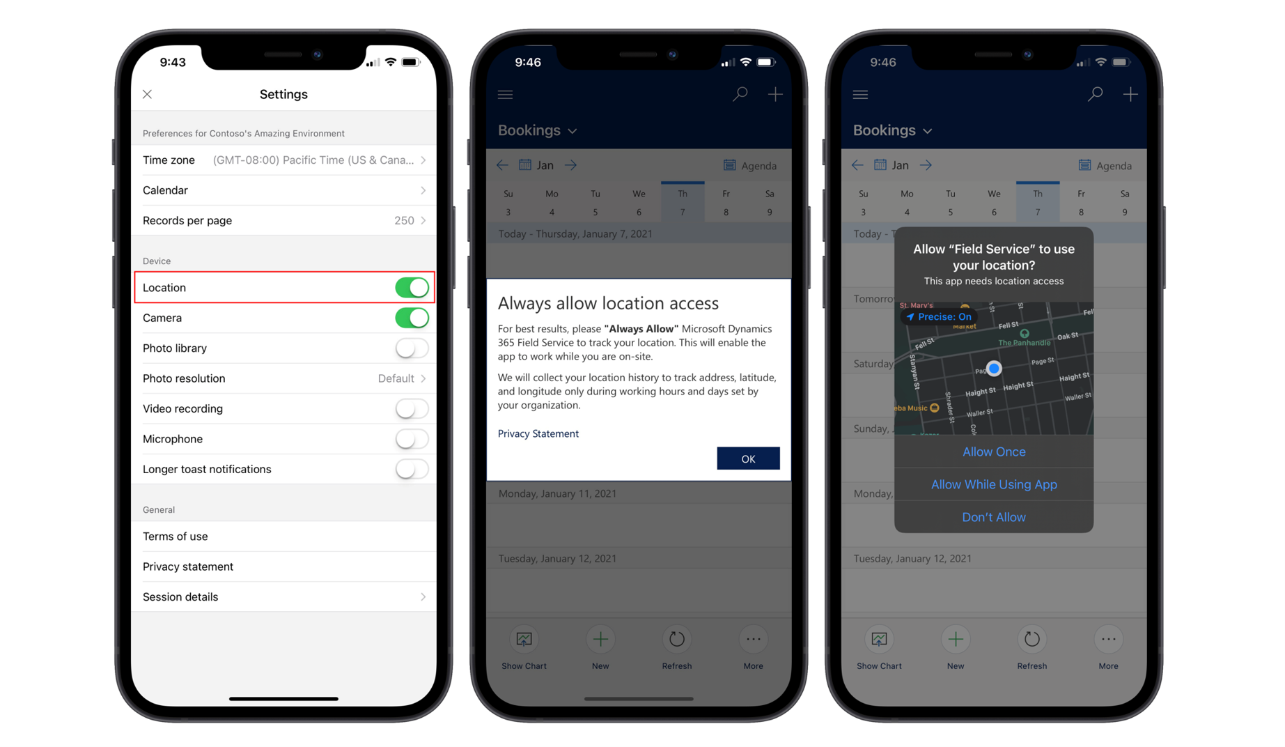 Mobile screenshots of Settings, location access, and Allow Field Service to use your location screens.