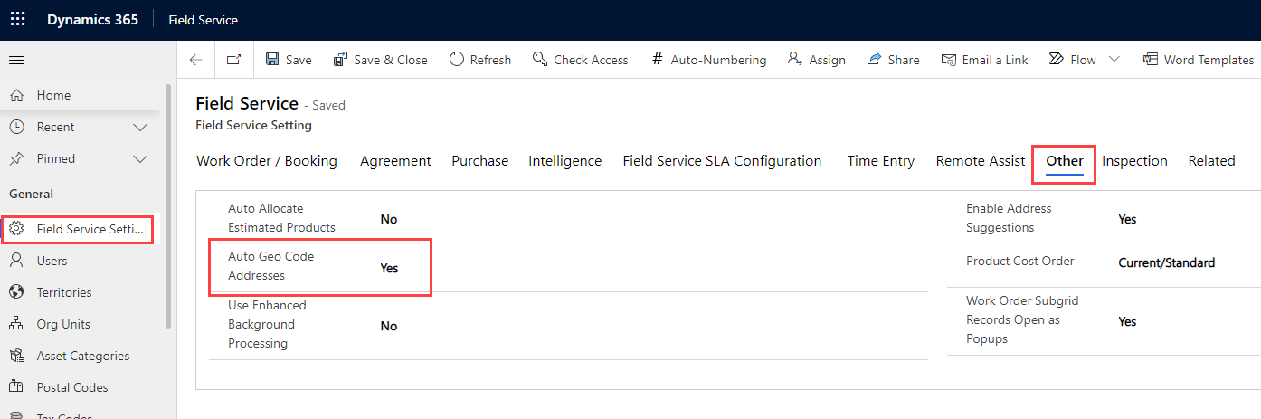 Screenshot of Field Service Settings with the Auto Geo Code Addresses option set to Yes.
