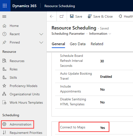 Screenshot of scheduling parameters, showing the Connect to Maps setting turned on.