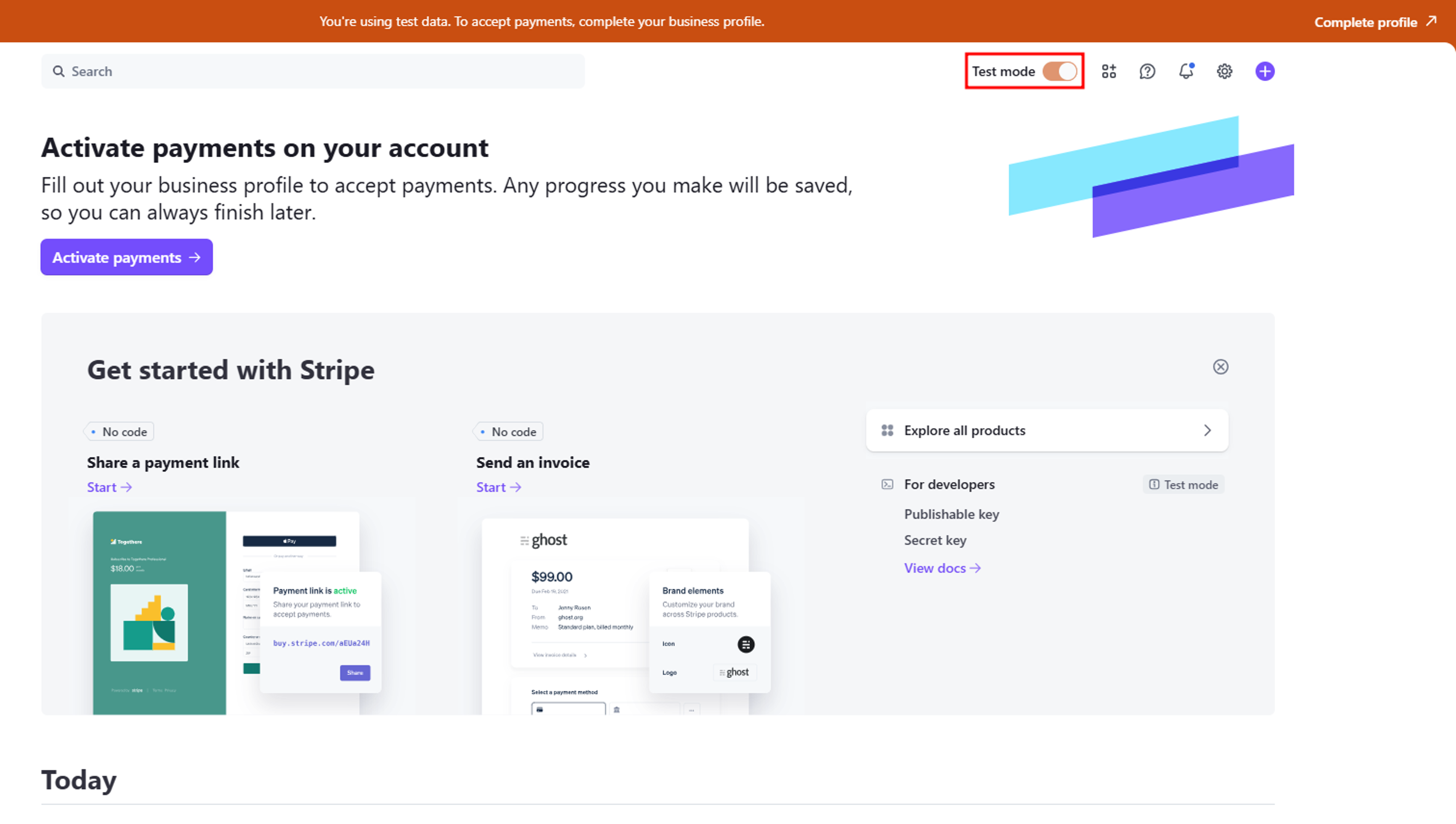 Screenshot of Test mode activated on the Stripe website.