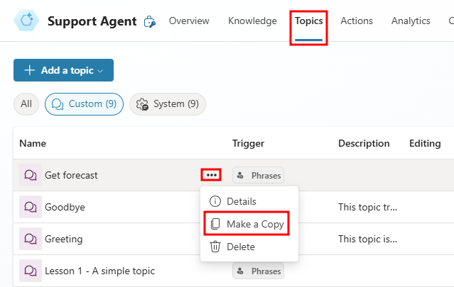 List of topics with the ellipsis button selected next to Lesson 1 - A simple topic, and with the Make a copy option highlighted.