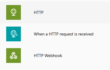 Screenshot of H T T P, When a H T T P request is received, and H T T P Webhook.