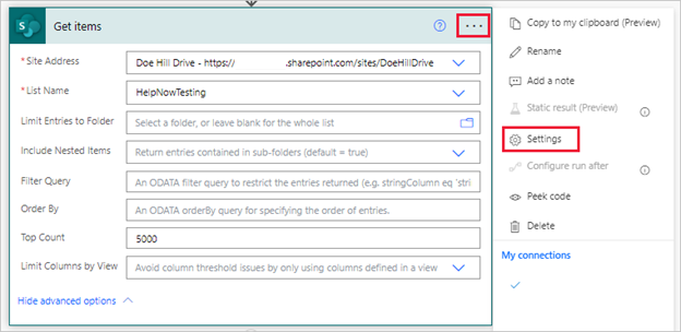 Screenshot of Get items with teh ellipsis button selected to reveal the Settings option.