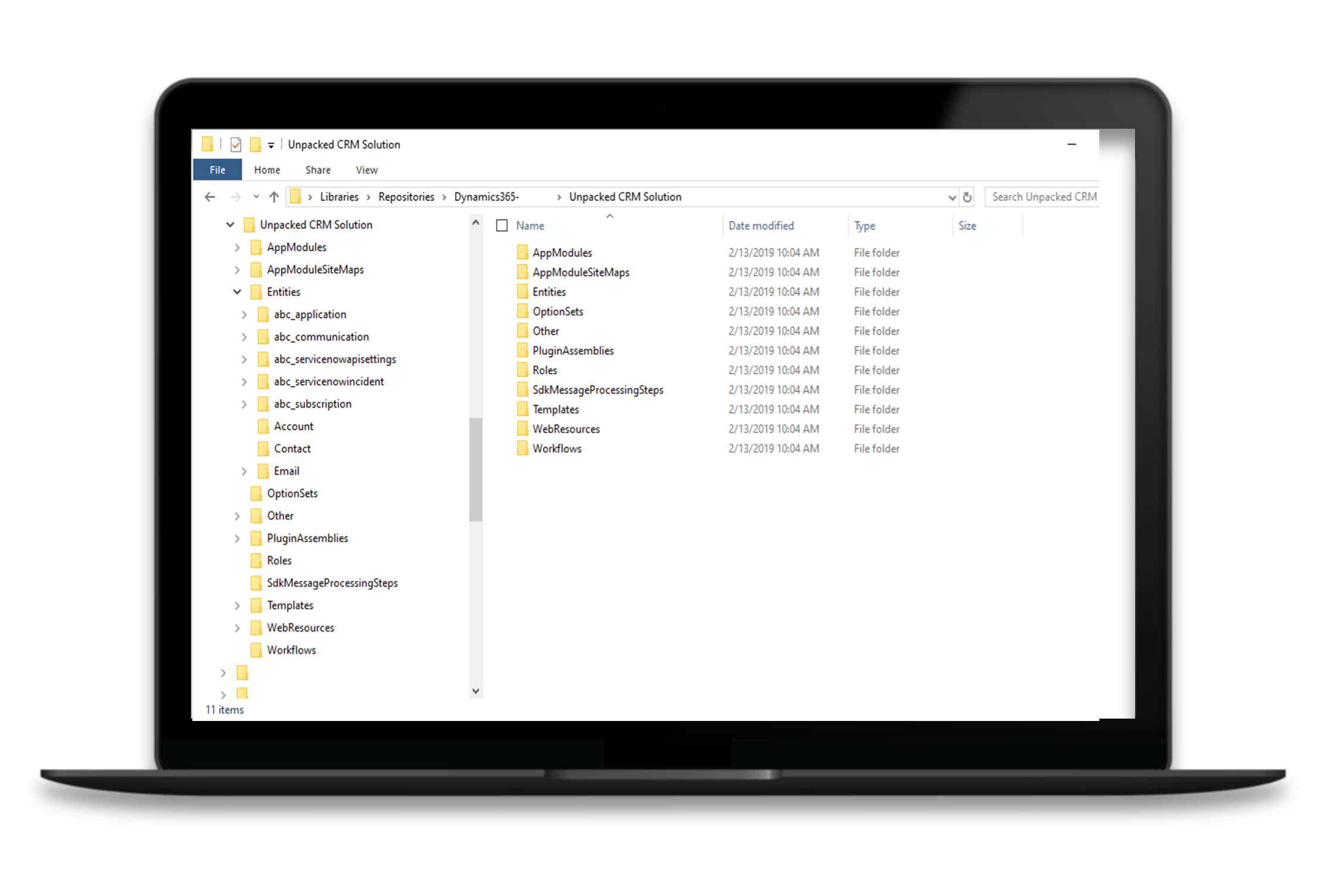 Screenshot of the unpacked CRM solution.