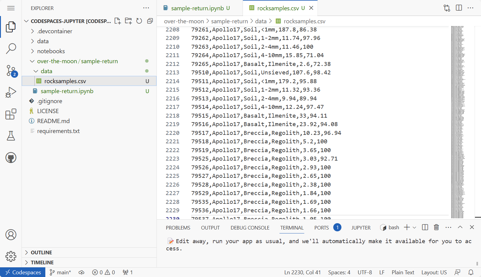 Screenshot that shows an example of a Codespaces folder structure with data.