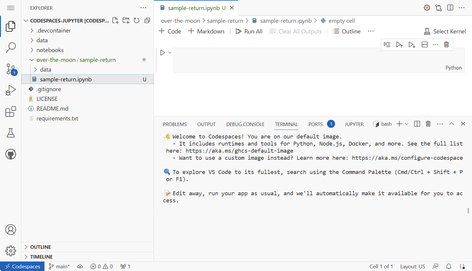 Screenshot that shows an example of a GitHub Codespaces Visual Studio Code environment.