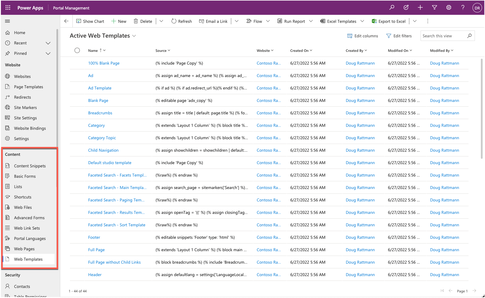 Screenshot of the Content section on the Web Templates screen.