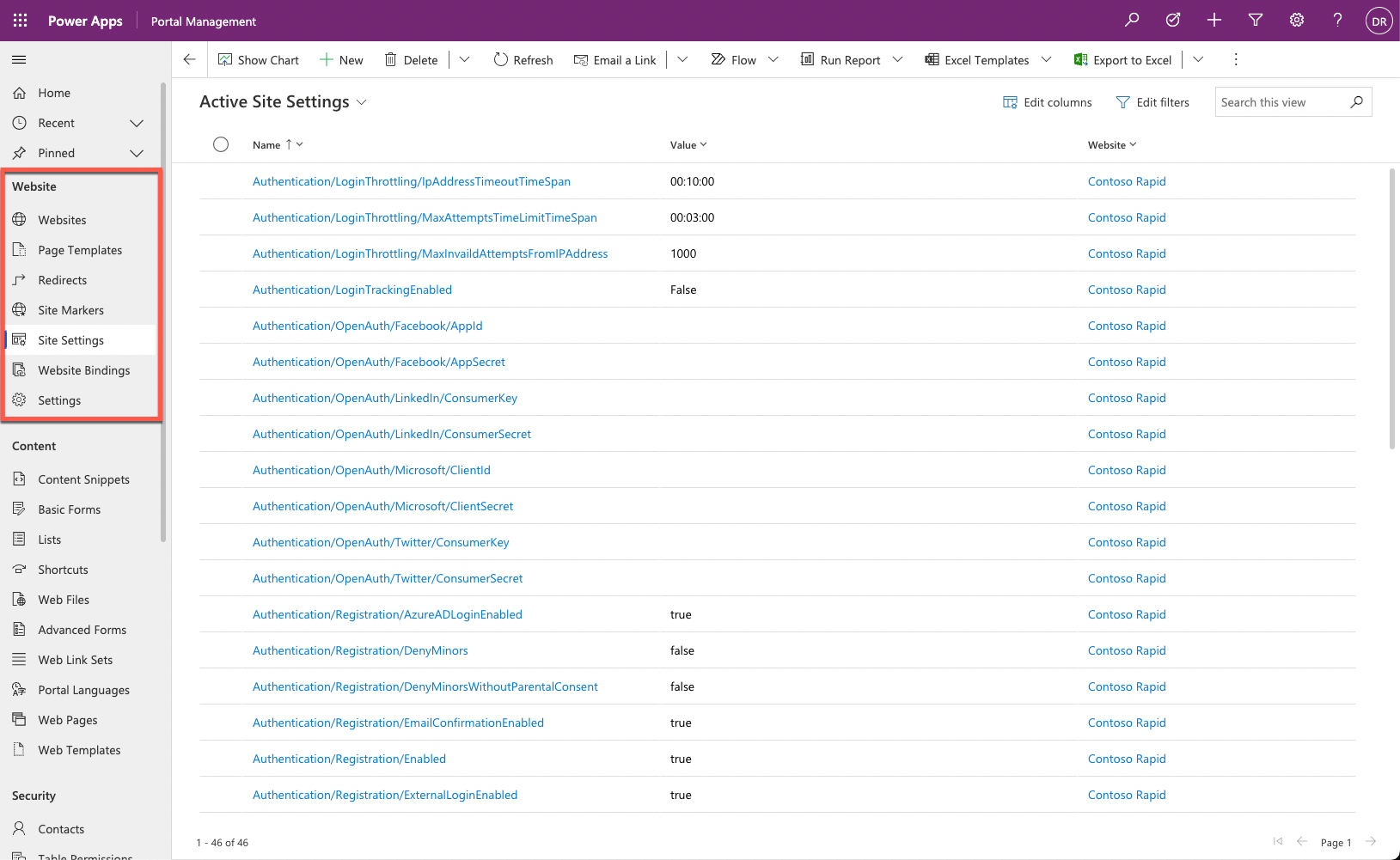 Screenshot of the Website section highlighted on the Site Settings screen.