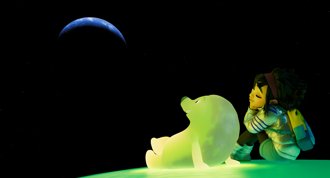 Image that shows Fei Fei and Gobi looking into the night sky from the Moon.
